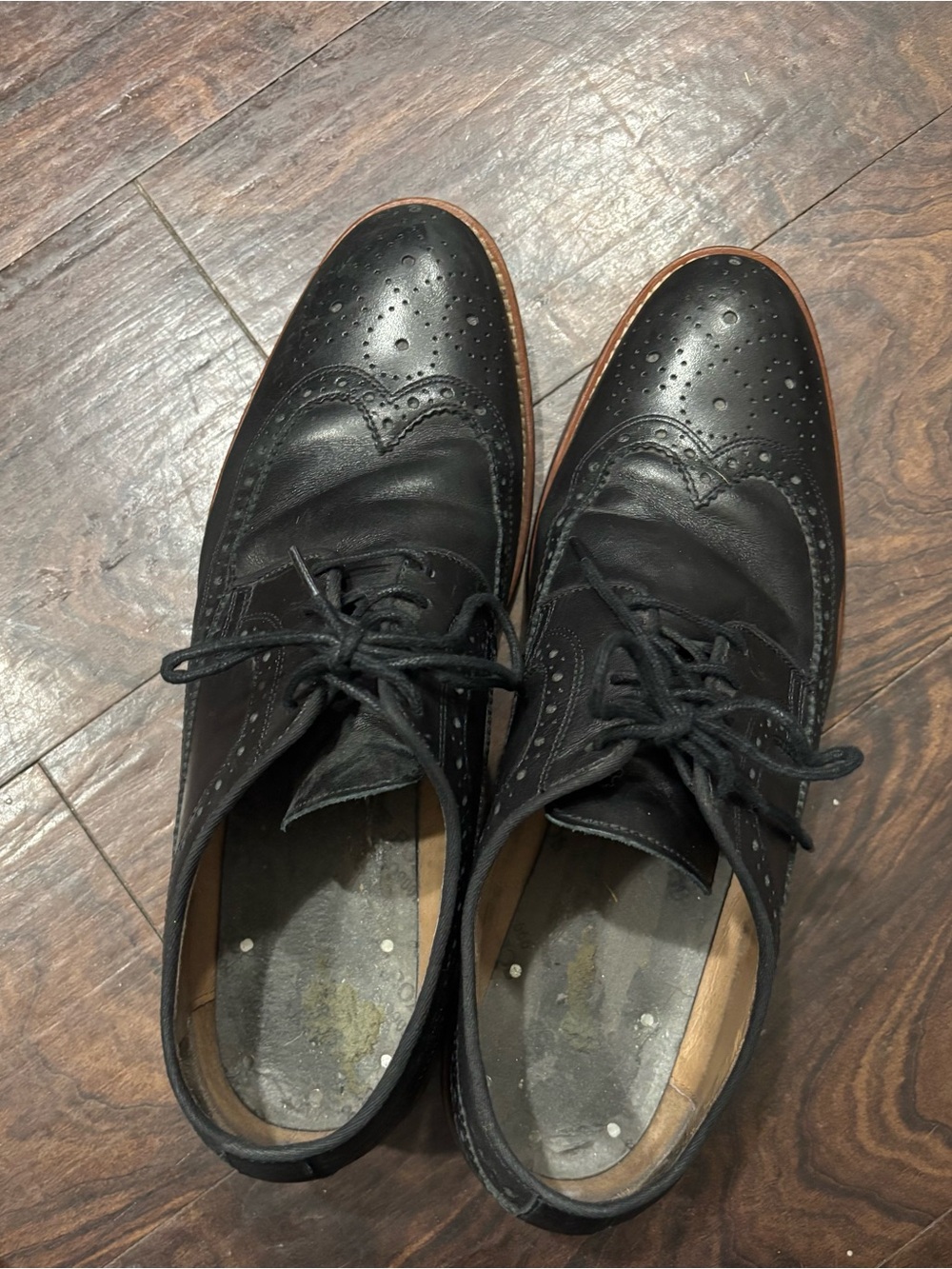 Johnston & Murphy Black Leather Wingtip Oxfords with Brown Trim